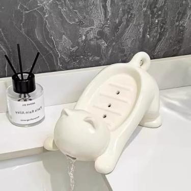 Imagem de Bandeja de saboneteira de gato branco fofo com autodrenagem rápida e suporte de sabão caixa recipiente para banheiro, banheira, chuveiro, cozinha