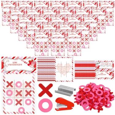 Imagem de 24 conjuntos de cartas de jogo de Dia dos Namorados Tic Tac Toe cartões de corações vermelhos com grampeador sacos tique-tac toe para decorações de dia dos namorados, presentes de festa de aniversário