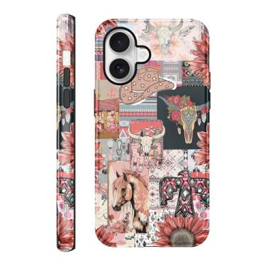 Imagem de Vulfwela Capa de telefone para iPhone 16 Plus de 16,7 cm Western Boho Collage, 2 em 1, chapéu de cowboy rosa vintage, cavalos, cabeça de touro, floral, capa de telefone Country West à prova de choque