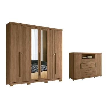 Imagem de Guarda Roupa Cômoda Casal QC348 6 Portas Bater 4 Gavetas MDF MDP com Espelho Jatobá