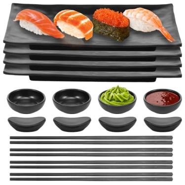 Imagem de Conjunto de pratos de sushi para 4 pratos de sushi, pratos de sushi estilo japonês com bandejas de sushis, tigelas de molho de soja, pares de pauzinhos e suportes (preto, 16)