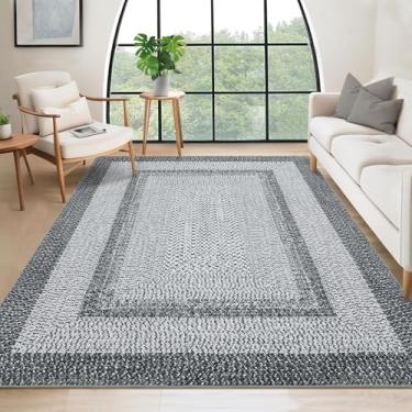 Imagem de RUGSREAL Tapete de sala de estar, grande, lavável, antiderrapante, boho, estampado, trançado, cobertura, casa de fazenda, rústico, tapete boêmio, para decoração de quarto, casa, cinza