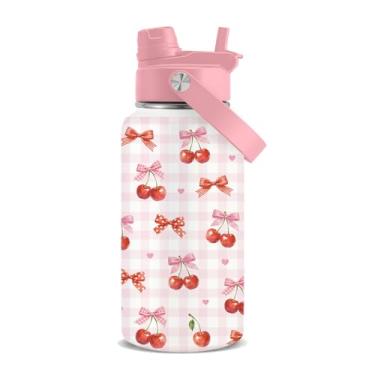 Imagem de Garrafa de água sualada Cherry com dois bicos e uma alça para homens e mulheres, à prova de vazamento, livre de BPA, copo isolado de aço inoxidável de 680 g para atividades ao ar livre, esportes