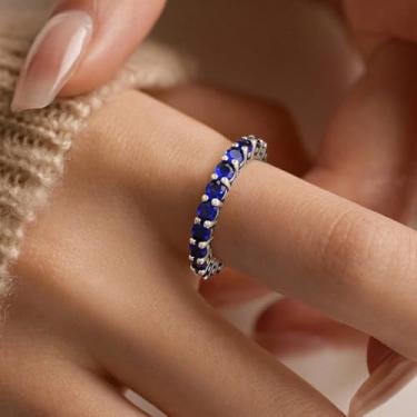 Imagem de Lindo anel de fileira única de diamante azul CZ azul de 3 mm, banhado a prata branca, adequado para uso diário feminino, joias finas, presentes, Prata, Sem pedra preciosa