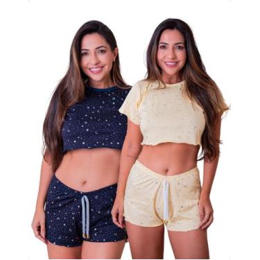 Imagem de Kit 2 Baby Doll Estampado Conjunto Cropped Short Pijama Dormir Confort