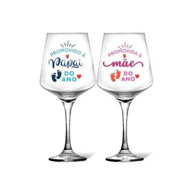 Imagem de Kit 2 Taças Vinho Estampada Promovida Mãe/Pai Do Ano Surpresa Anúncio Gravidez Presente Chá Bebê e Revelação Lembrancinha Casal