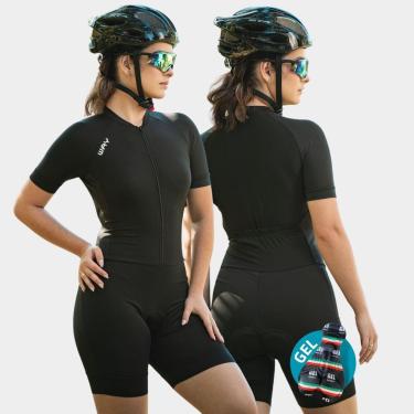 Imagem de Macaquinho de Ciclismo Gel Feminino Preto Uniforme Profissional - G - Preto com Rosa-Feminino