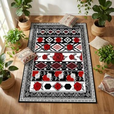 Imagem de CCoutueChen Rosesl Tapete de área 1,2 x 1,8 m, preto, branco, boêmio, asteca, geométrico, grande, para sala de estar, tapete lavável à máquina