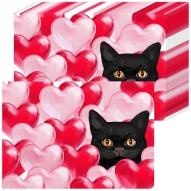 Imagem de Jogo americano com tema de gato fofo do Dia dos Namorados, 50 peças de tapetes de mesa descartáveis em formato de coração em rosa e vermelho para jantar de casais, decoração de mesa de festa de fim de