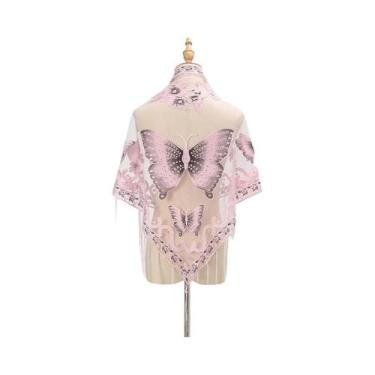 Imagem de Lenço Elegante Feminino Com Estampa De Borboleta E Renda, Cachecol De 