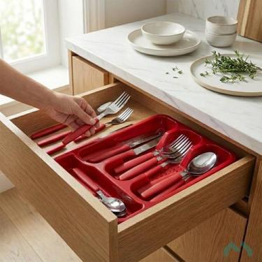 Imagem de Faqueiro Inox Jogo De Talheres Porta Talher Com 25 Peças Vermelho - Mm