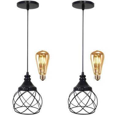 Imagem de 2 Pendentes Aramados Redondo + 2 Lâmpada Lustre Luminária Teto Regulável Sala Cozinha Industrial