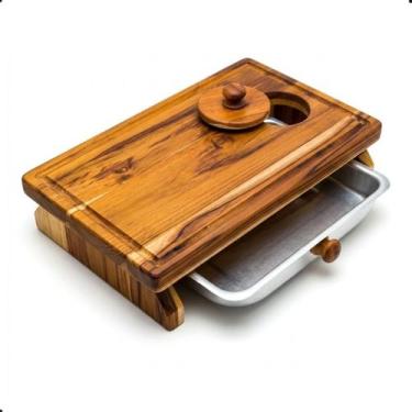 Imagem de Tábua De Carne Corte Para Churrasco Rústica Madeira Teca Com Gaveta Em