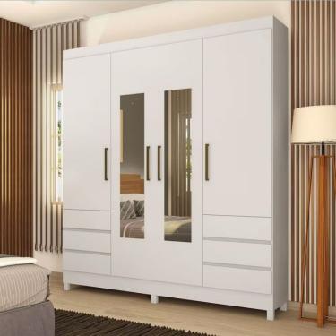 Imagem de Guarda Roupa Casal Monaco 4 Portas de Bater 6 Gavetas MDP com Espelho Branco Demóbile