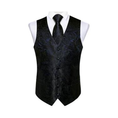 Imagem de Colete Social Masculino Preto Paisley Com Gravata Borboleta, Lenço De 
