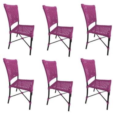 Imagem de Kit 6 Cadeiras Roma Corda Náutica Base Em Alumínio Preto-rosa