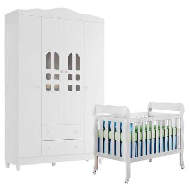 Imagem de Berço Americano Lila e Guarda Roupa Infantil New Selena 4 Portas Branco Brilho - Caroli...