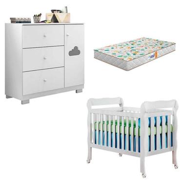 Imagem de Berço Americano Lila e Cômoda Infantil Ane Branco Brilho com Colchão Gazin – Phoenix Baby