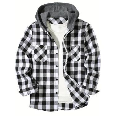 Imagem de Camisa Masculina Slim Fit Com Capuz E Estampa Xadrez, Jaqueta Casual D