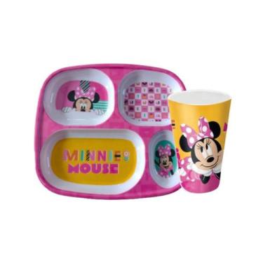 Imagem de Kit Prato Divisória E Copo Melamina Minnie Infantil - TUUT
