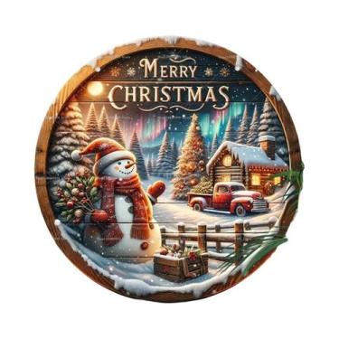 Imagem de Placa De Madeira Feliz Natal 2D Com Gnomo E Boneco De Neve Para Pendur