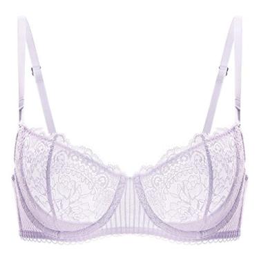 Imagem de DOBREVA Sutiã feminino sexy de renda push-up plus size transparente balconette aro sem forro, Renda de cílios lilás, 32D