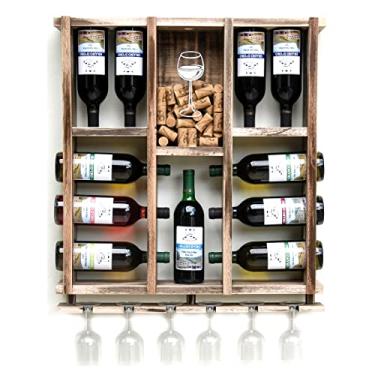 Imagem de Adega de Parede em Madeira Maciça para 11 garrafas de Vinho com Porta Rolhas e Taças - Rústica