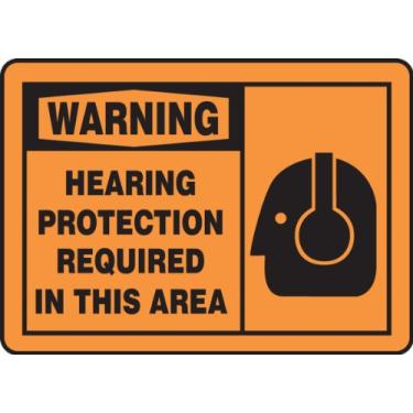 Imagem de Accuform Placa MPPE322VP, legenda, "Aviso de proteção auditiva necessária nesta área", 25,4 cm de comprimento x 35,5 cm de largura x 0,1 cm de espessura, plástico, 25,4 cm x 35,5 cm, preto em laranja