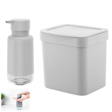 Imagem de Kit Lixeira 2,5l Com Tampa Dispenser Porta Detergente Bancada Pia Cozinha - Ou