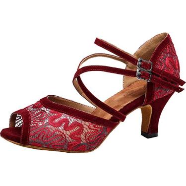 Imagem de Salabobo QQQ-3005 sapato feminino de dança floral renda tango peep toe salto médio cetim, Vermelho, 10