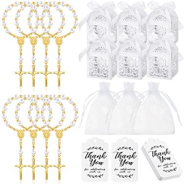 Imagem de Conjunto de 200 peças de lembrancinhas de batismo, 50 peças de minirrosário 50 peças de caixas de presente para batismo, 50 peças de sacos de organza brancos com cordão, 50 etiquetas