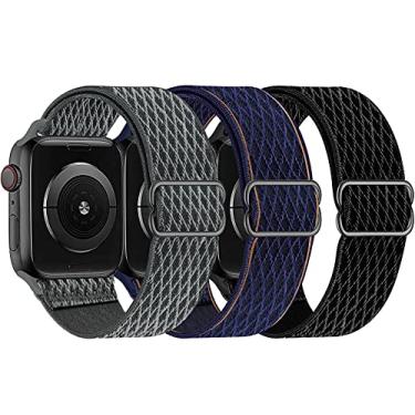 Imagem de Swhatty Pulseiras de nylon elástico compatíveis com Apple Watch séries 3/44 mm/45 mm/46 mm/49 mm, elástica esportiva trançada ajustável para Apple Watch Series 10-1 SE Ultra 1 2, pacote com 3