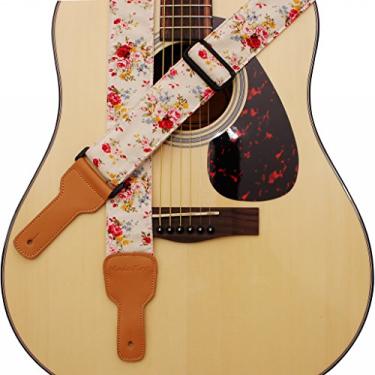 Imagem de MUSIC FIRST Design original, 5 cm de largura (5 cm), "Rosa Multiflora in Cream" acolchoada de musselina macia e alça de guitarra de couro legítimo, alça de ukulele, alça de bandolim
