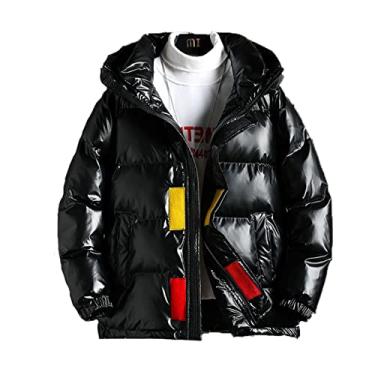 Imagem de Casaco quente de inverno, masculino casual com capuz zíper completo metálico brilhante curto bomber casaco de penas sobreposto, preto, XGG