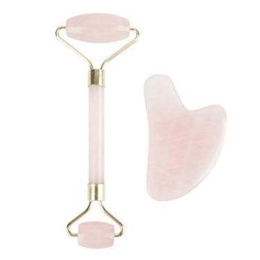 Imagem de Jade Rolo Facial, Rolo de jade para rosto, Premium Rose Quartz Rolo Facial Gua Sha Ferramentas de Raspagem Anti Envelhecimento Rolo de Jade Facial beleza ferramenta