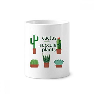 Imagem de Suporte para caneta com ilustração de cacto de plantas suculentas em vaso para caneta, caneca de cerâmica com suporte para lápis