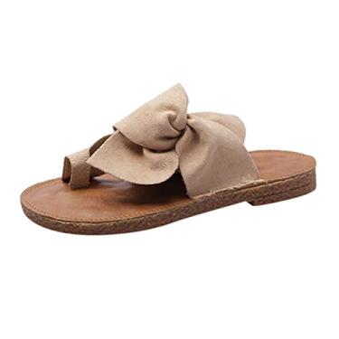 Imagem de Sandálias de dedo do pé de praia sapatos casuais femininos lisos chinelos femininos com laço chinelo feminino botas de cano alto femininas, Caqui, 10