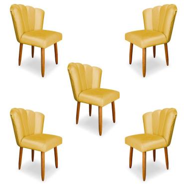 Imagem de Kit 5 Cadeiras de Jantar Pétala Estofada Pés Palito Veludo Amarelo - Montanaris Decor
