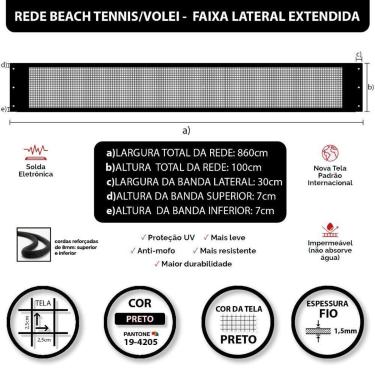 Imagem de Rede Beach Tennis e Volei com banda lateral Zaka Preta 8,60m x 1m-Unissex