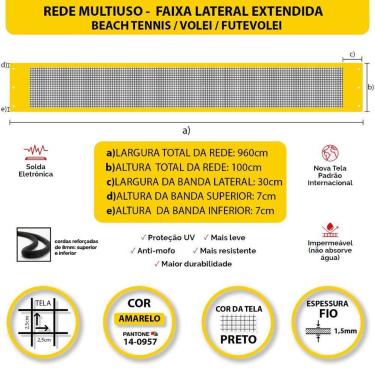 Imagem de Rede Multiuso Zaka Volei Beach Futevolei com banda lateral Amarela 9,60m x 1m-Unissex