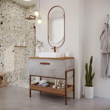 Imagem de Gabinete com Cuba 01 Porta Portinari 80cm e Espelho Lumini Cimento MGM