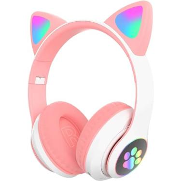 Imagem de Fone de Ouvido Infantil Bluetooth Orelha Gato com Patas Led Para Crianças (Rosa)