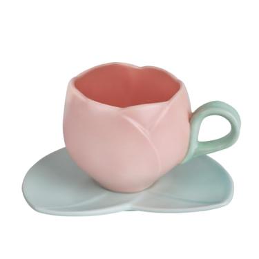 Imagem de Koythin Caneca de café de cerâmica com conjunto de pires, copo de tulipa criativo design irregular exclusivo para escritório e casa, seguro para lava-louças e micro-ondas, copo fofo para leite com leite com leite (269 g, rosa)