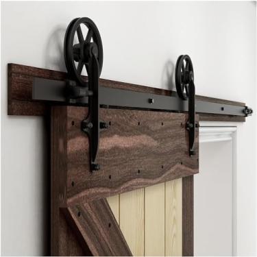 Imagem de Kit de hardware para porta de celeiro deslizante, resistente, suave e silencioso, fácil de instalar, painel de porta única, estilo roda grande, preto, 1,11 pés-335 cm