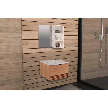 Imagem de Conjunto De Banheiro Armário C- Espelho Bn3609 E Balcão Suspenso Bn3613 S- Cuba Pia 60cm Cor Mármore Branco - Tecno Mobili