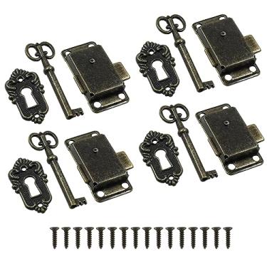 Imagem de Jiozermi 4 conjuntos de fechadura de armário antigo, fechadura de caixa de joias, fechadura decorativa para móveis com chave e parafusos, bronze