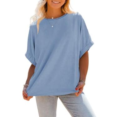 Imagem de Tankaneo Camisetas femininas grandes de verão 2024 da moda de malha canelada manga curta gola redonda básica, Azul-celeste, M