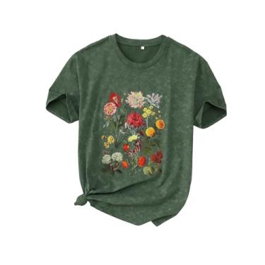 Imagem de MODNTOGA Camiseta feminina estampa floral retrô flores silvestres camiseta grande gola redonda manga curta vintage flor camisa, Verde, P