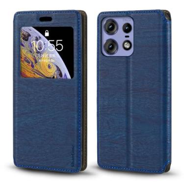 Imagem de Shantime Capa para Motorola Edge 50 Pro 5G, capa de couro de grão de madeira com suporte para cartão e janela, capa flip magnética para Motorola Edge 50 Pro 5G (6,7 polegadas) azul
