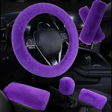 Imagem de SPANICE 6 peças em 1 conjunto capa de volante de lã sintética fofa e capa de freio de mão macia e capa de mudança de marcha, 2 peças de ombreiras de cinto de segurança e capa de console central ajuste universal quente (roxo)